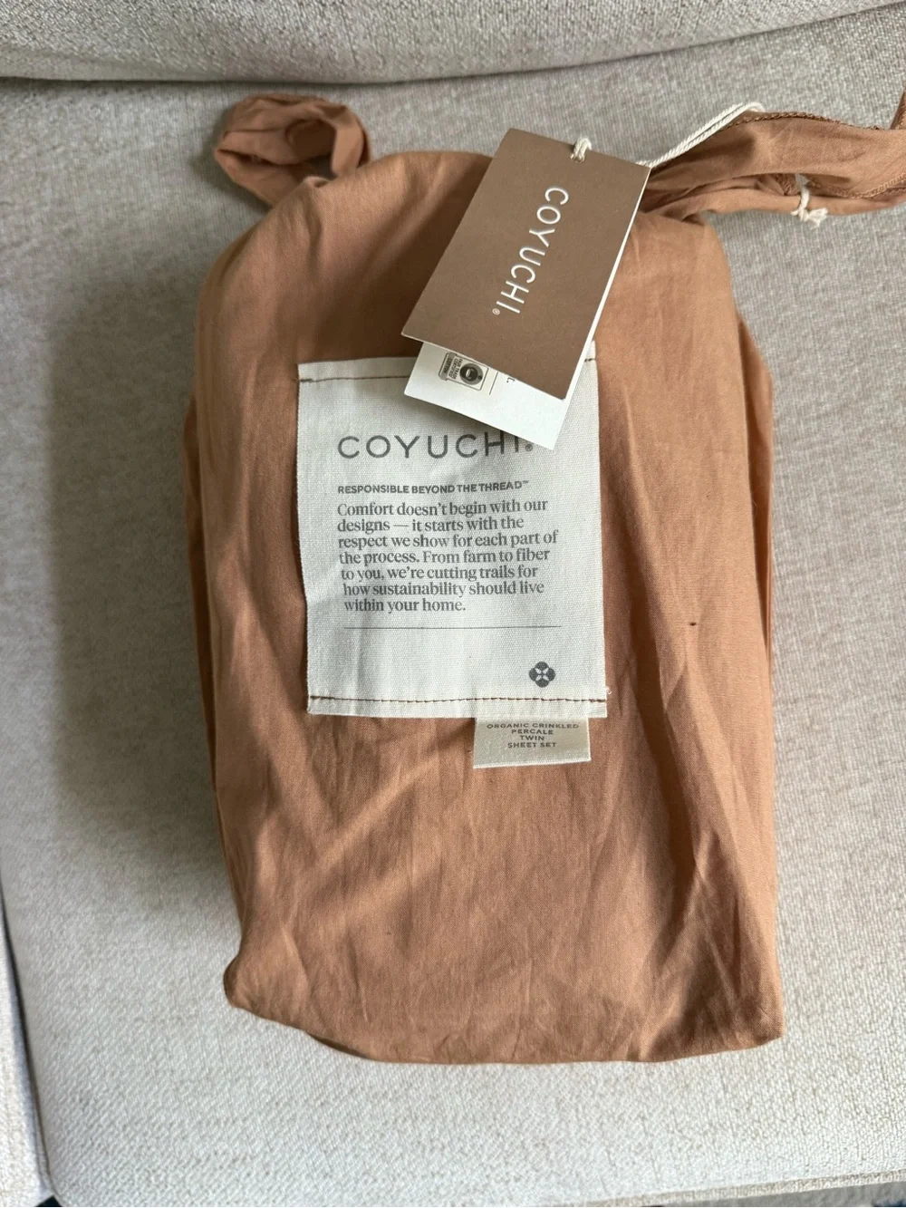 NWT Coyuchi 100% Organic Cotton Crinkled Percale Cooling Sheet Set Ginger (Twin)